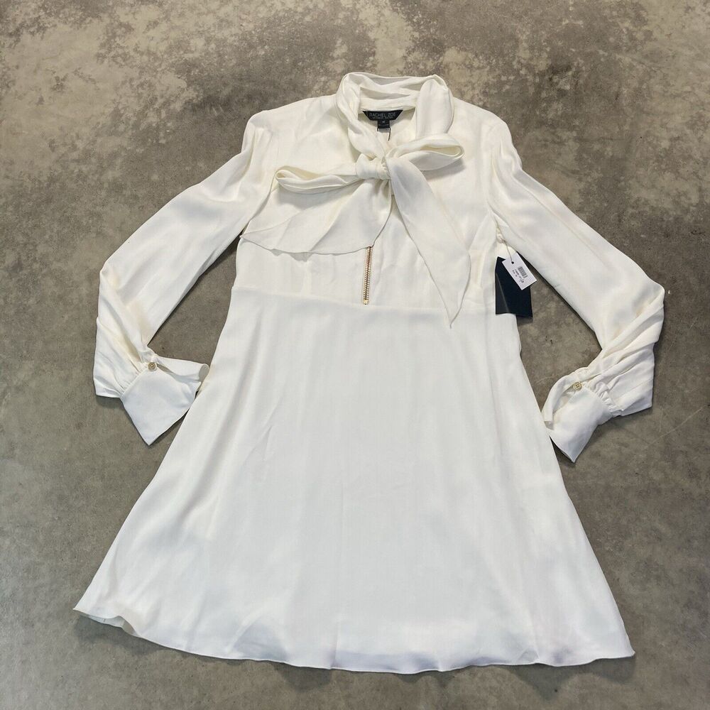 Rachel Zoe Dress Womens 10 White Tie Neck Mini Kassidy Long‎ Sleeve Pockets